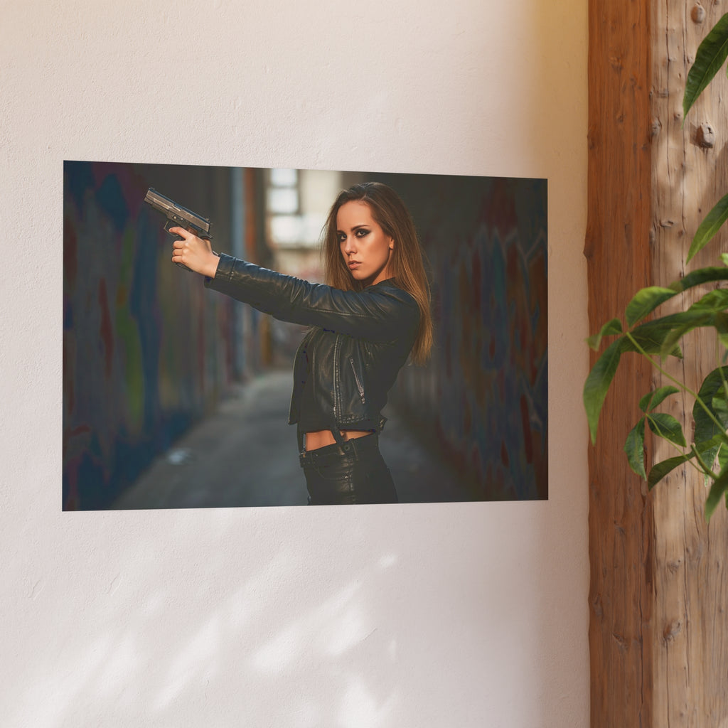 Hot Girl With Gun in Alley-Edgy Urban Art Poster