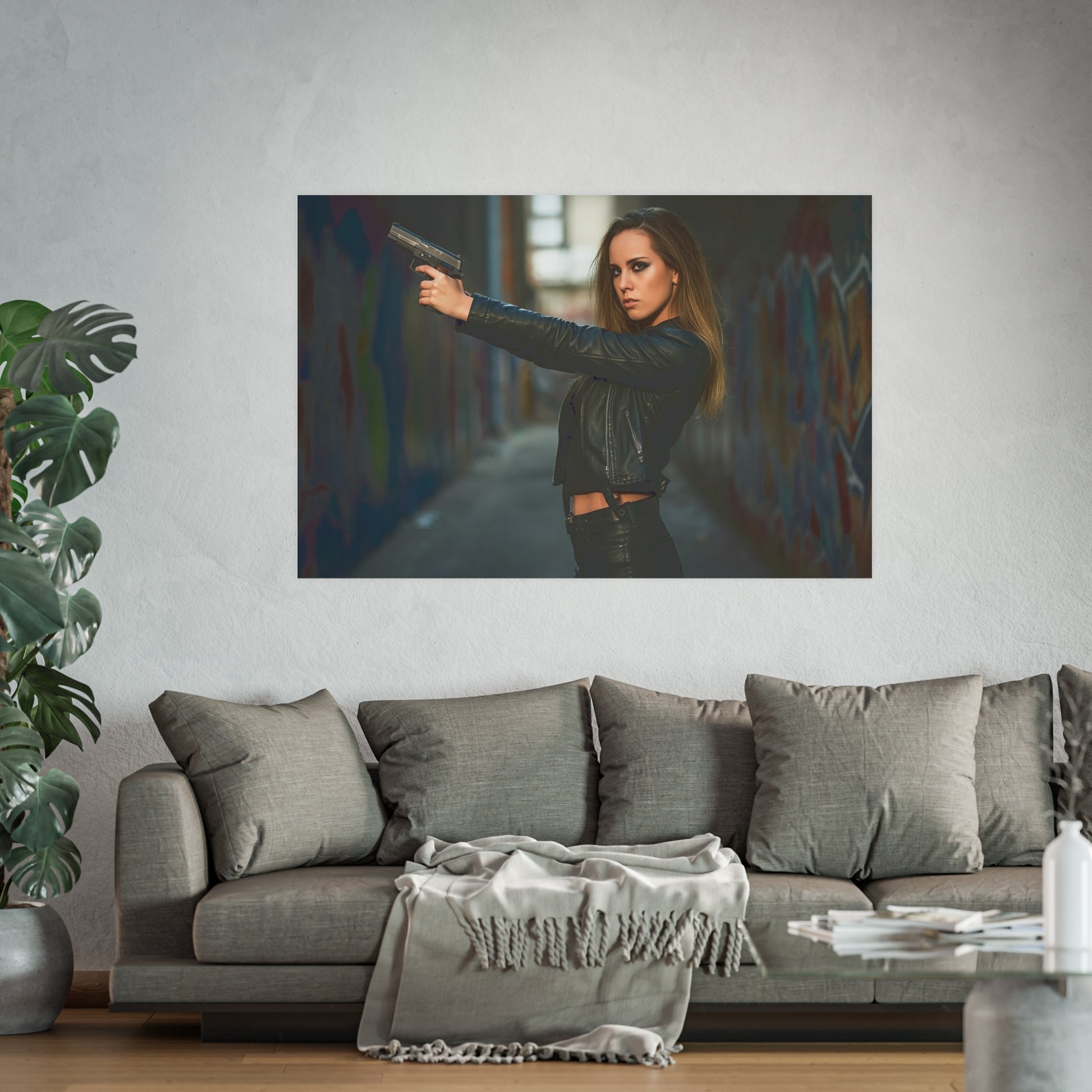Hot Girl With Gun in Alley-Edgy Urban Art Poster