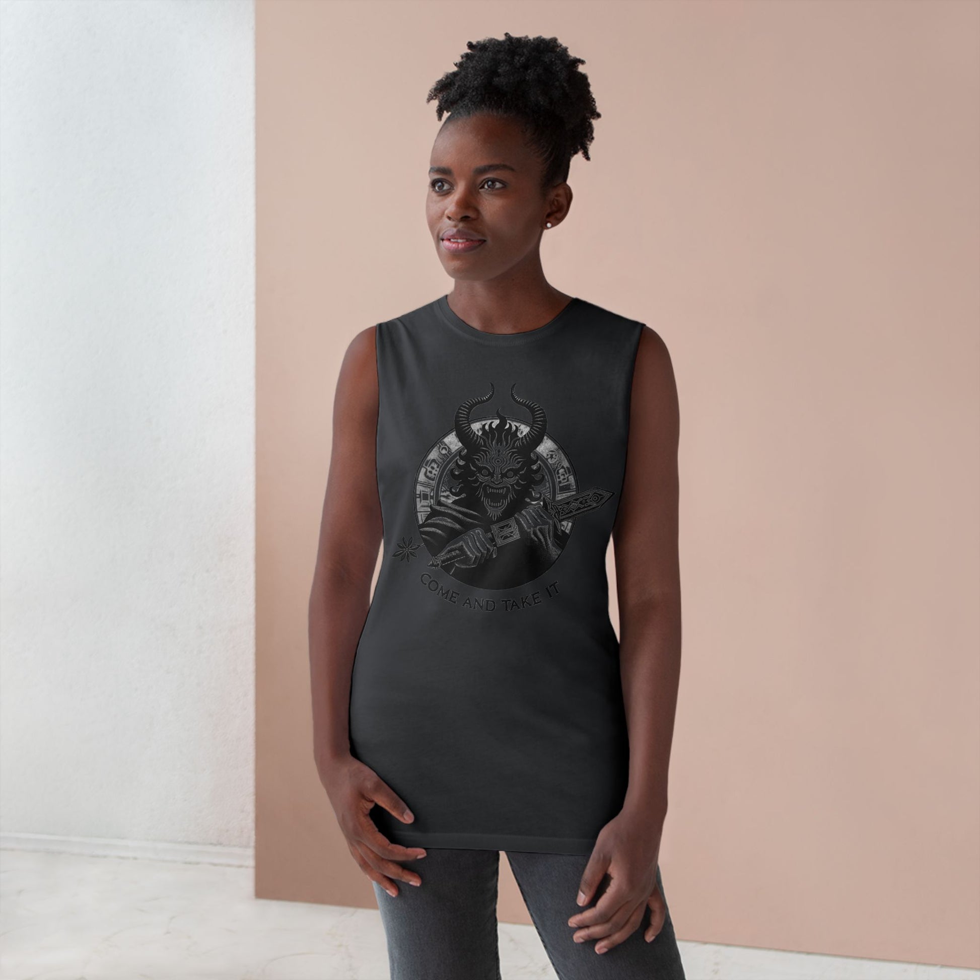 Come and Take It Demon Sleeveless Tee-Gothic Tank Top – Edgy Graphic Sleeveless Tee, Alternative Style