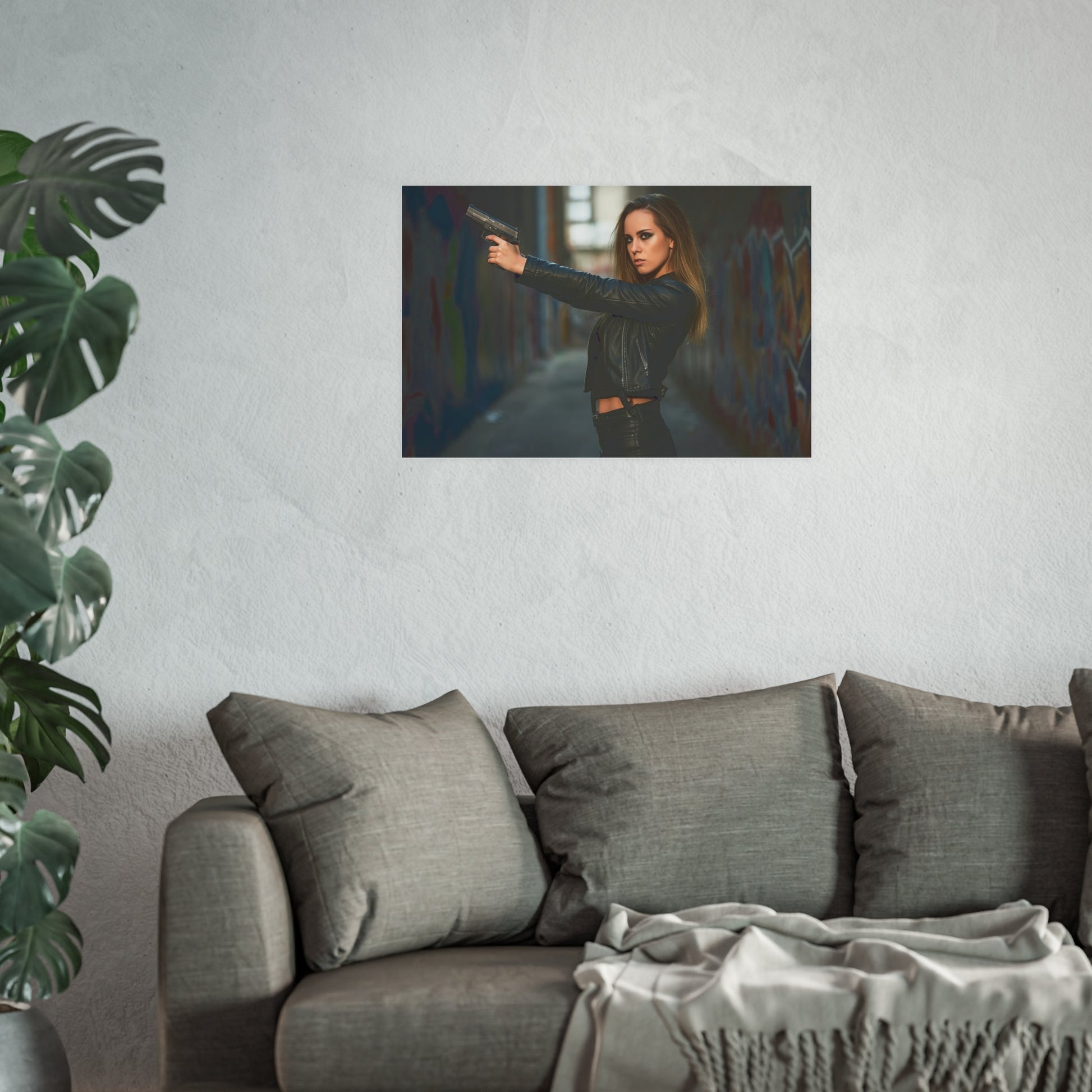 Hot Girl With Gun in Alley-Edgy Urban Art Poster
