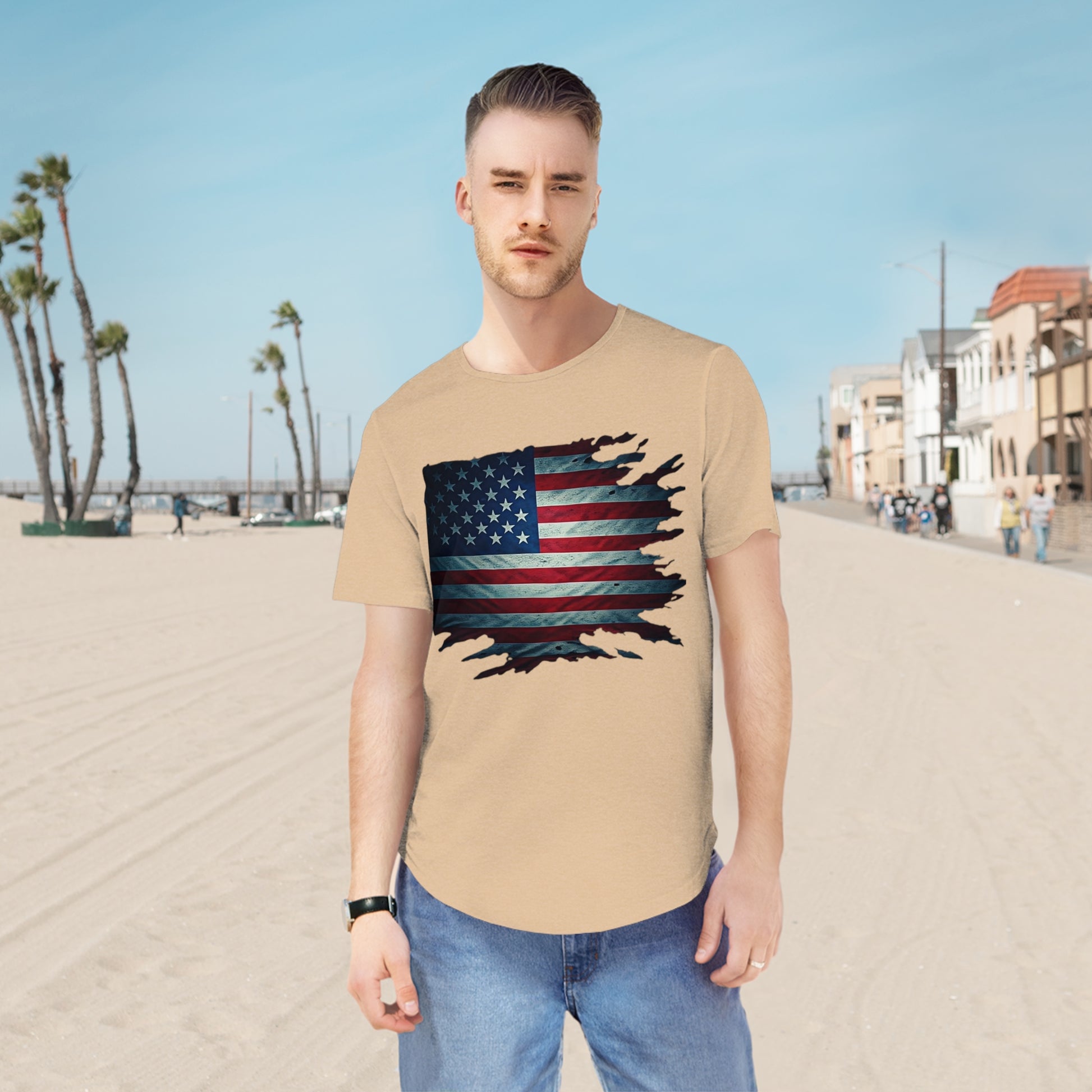 Patriotic Men's Curved Hem Tee, USA Flag Shirt