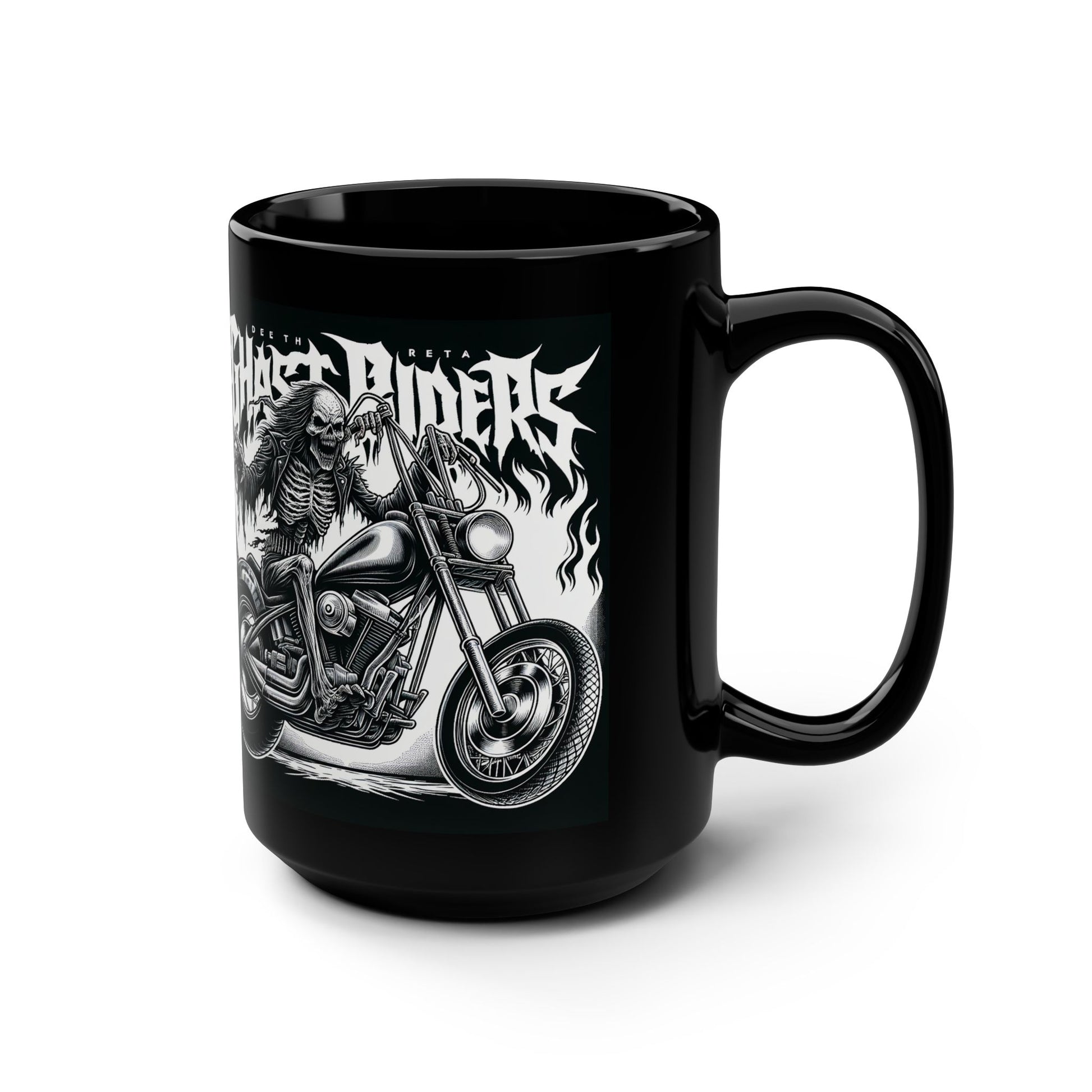 Gothic Ghost Riders Motorcycle Mug - 15oz Black Ceramic Cup for Chopper Enthusiasts, Gift for Bikers, Unique Coffee Mug, Skulls Mug