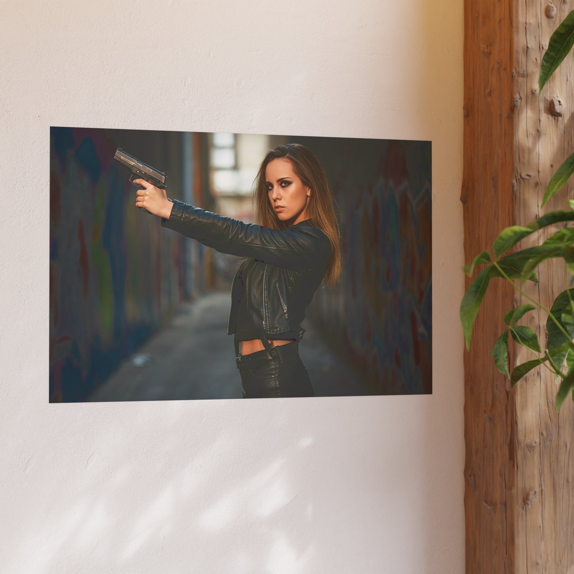 Hot Girl With Gun in Alley-Edgy Urban Art Poster