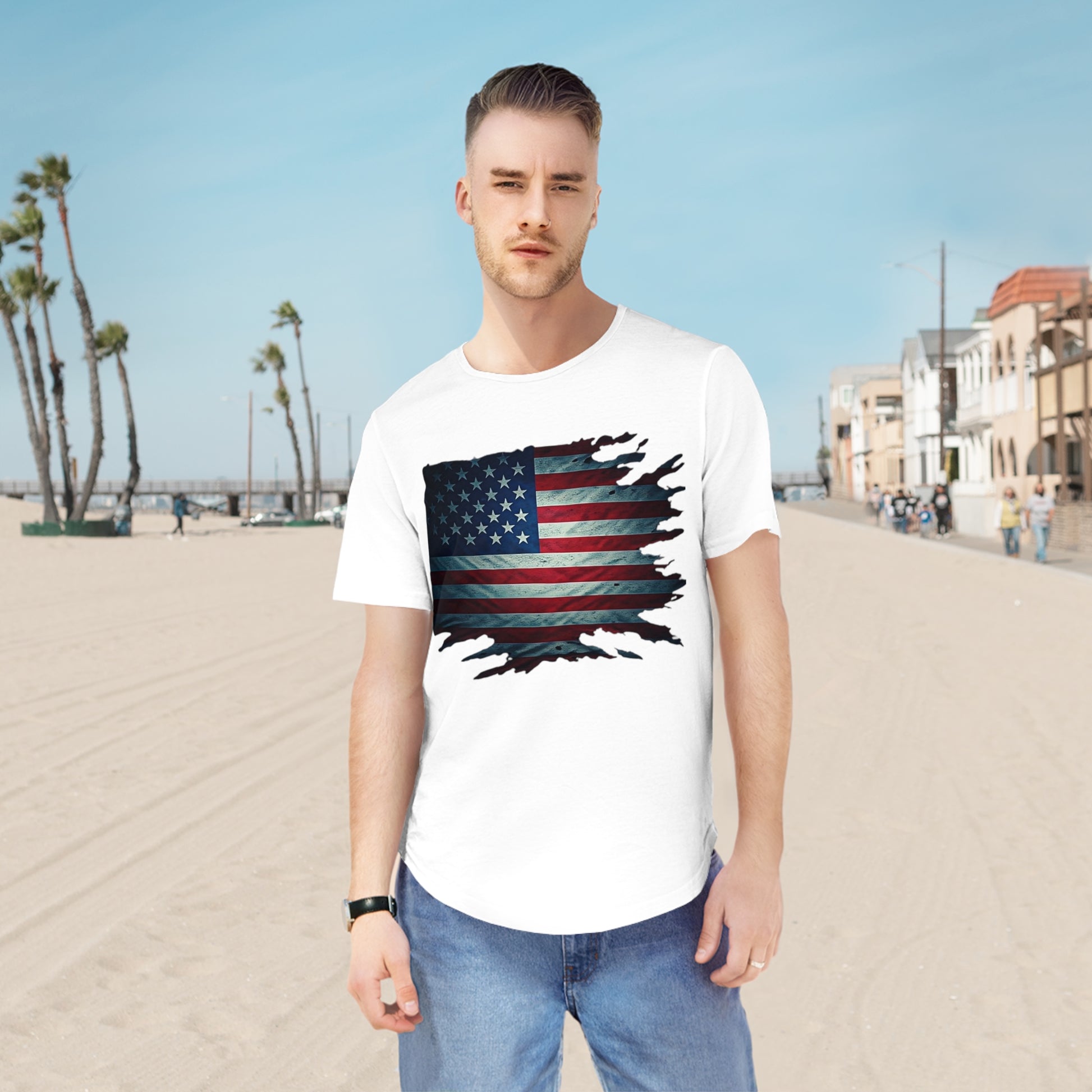 Patriotic Men's Curved Hem Tee, USA Flag Shirt