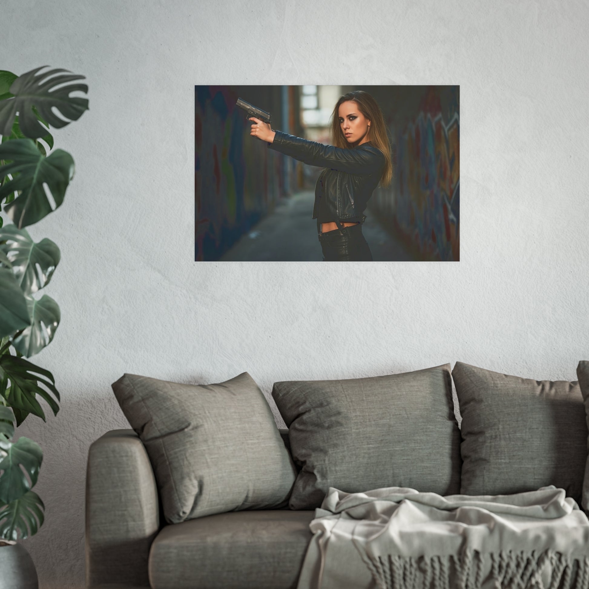 Hot Girl With Gun in Alley-Edgy Urban Art Poster
