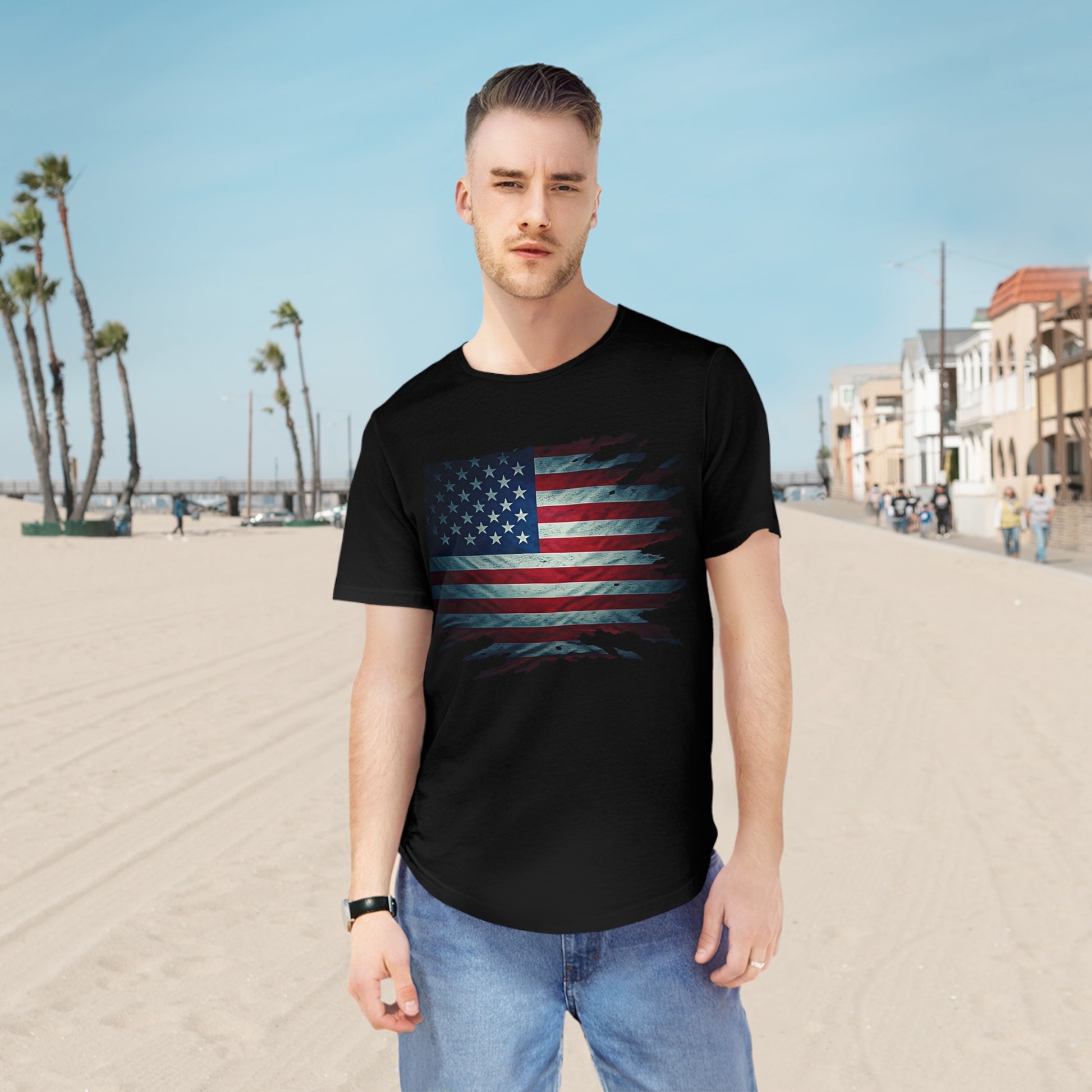 Patriotic Men's Curved Hem Tee, USA Flag Shirt