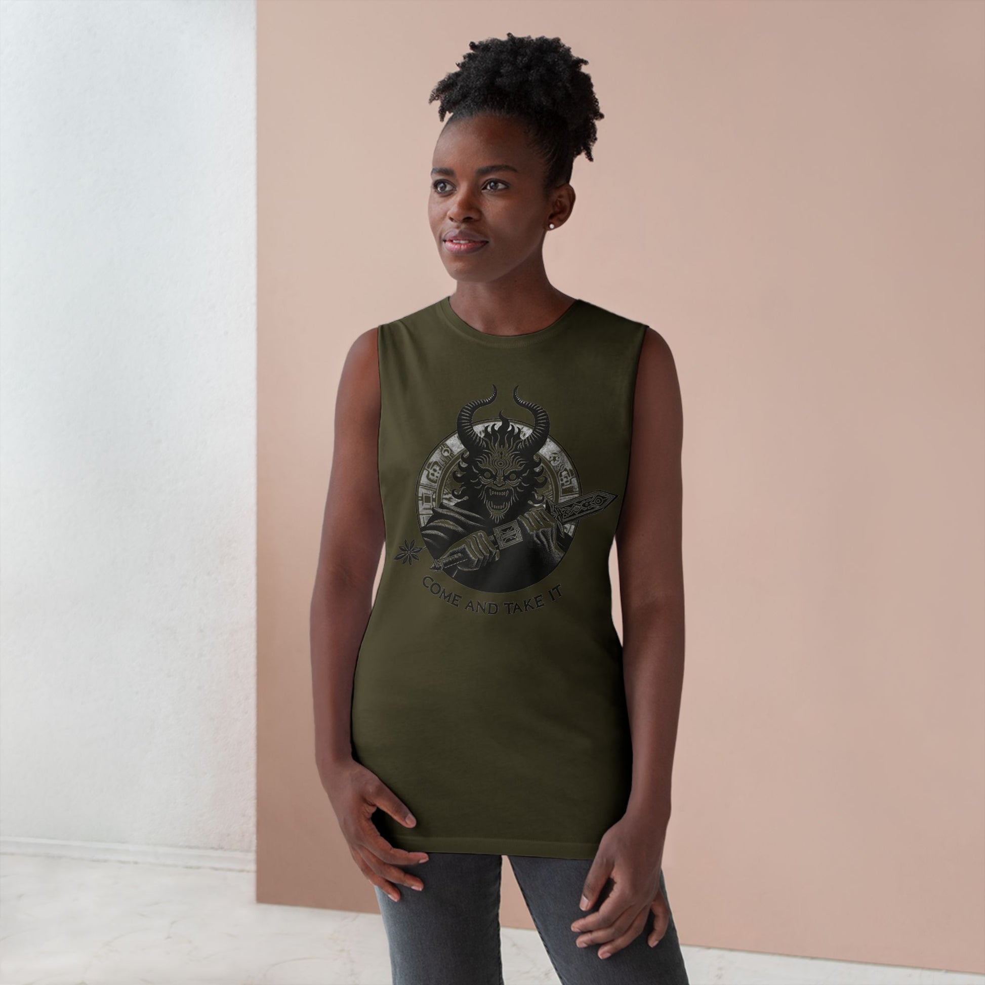 Come and Take It Demon Sleeveless Tee-Gothic Tank Top – Edgy Graphic Sleeveless Tee, Alternative Style