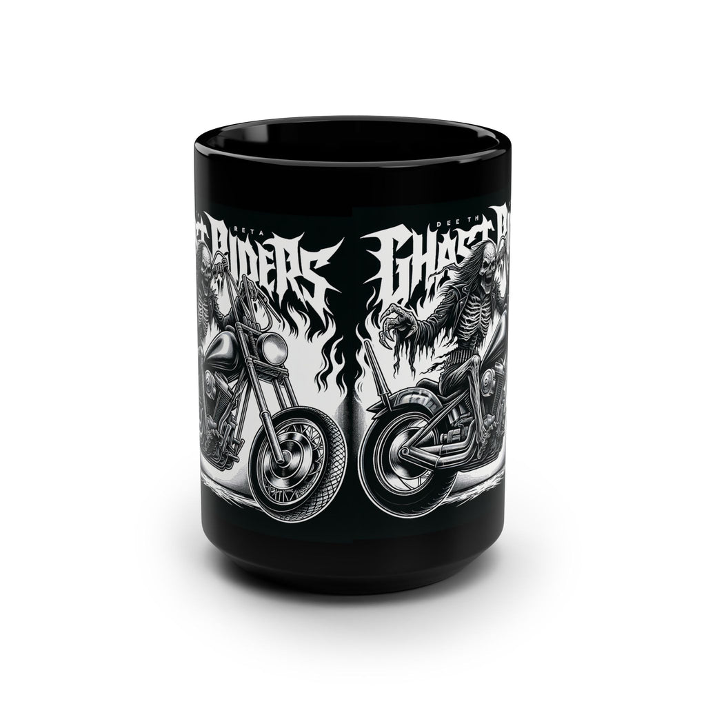 Gothic Ghost Riders Motorcycle Mug - 15oz Black Ceramic Cup for Chopper Enthusiasts, Gift for Bikers, Unique Coffee Mug, Skulls Mug