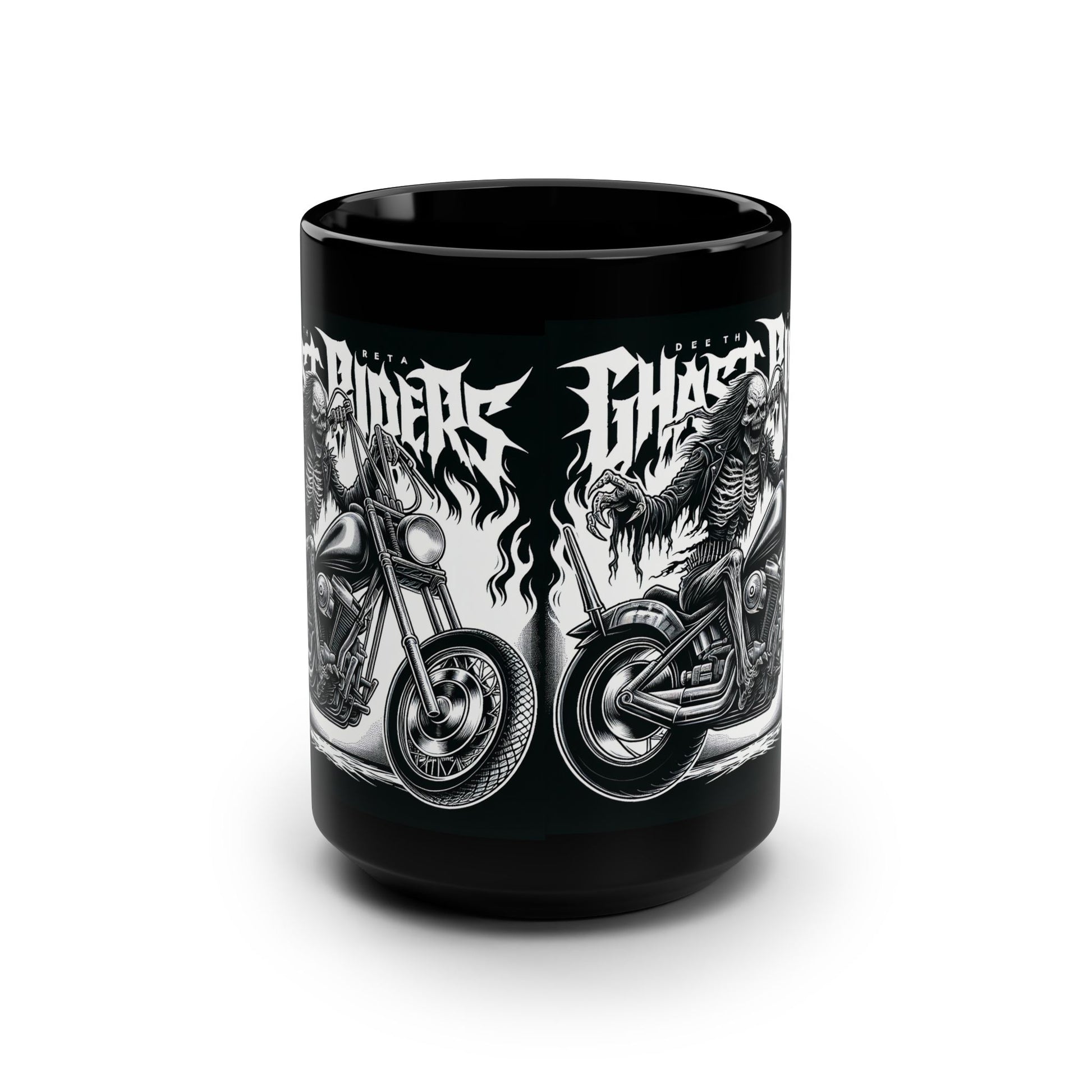 Gothic Ghost Riders Motorcycle Mug - 15oz Black Ceramic Cup for Chopper Enthusiasts, Gift for Bikers, Unique Coffee Mug, Skulls Mug
