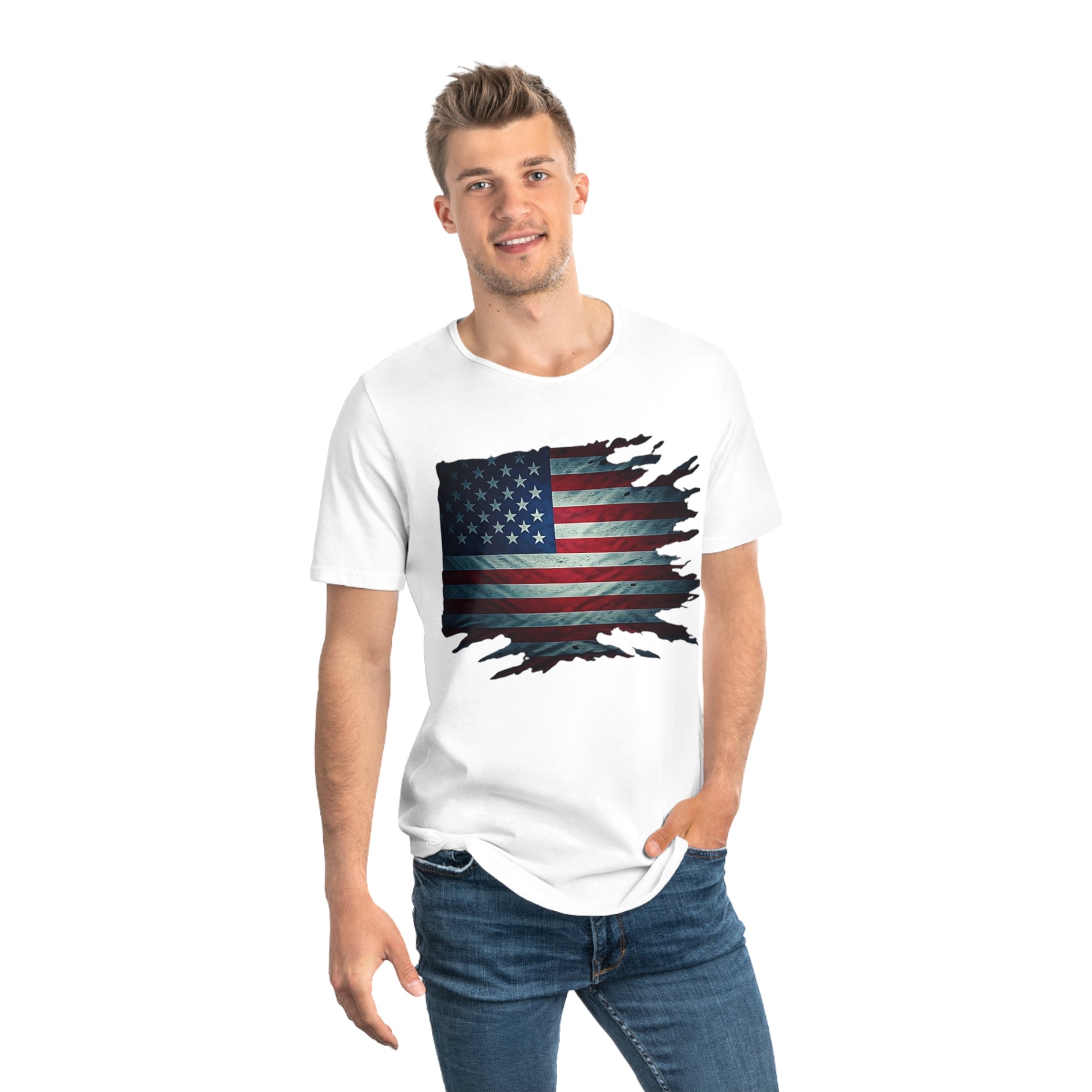 Patriotic Men's Curved Hem Tee, USA Flag Shirt