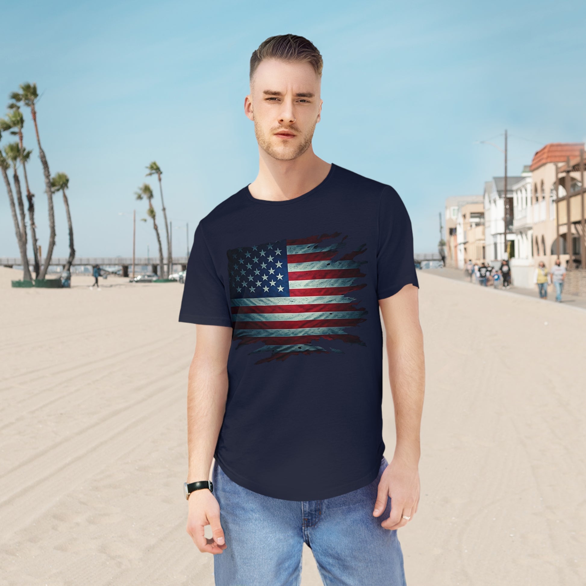 Patriotic Men's Curved Hem Tee, USA Flag Shirt