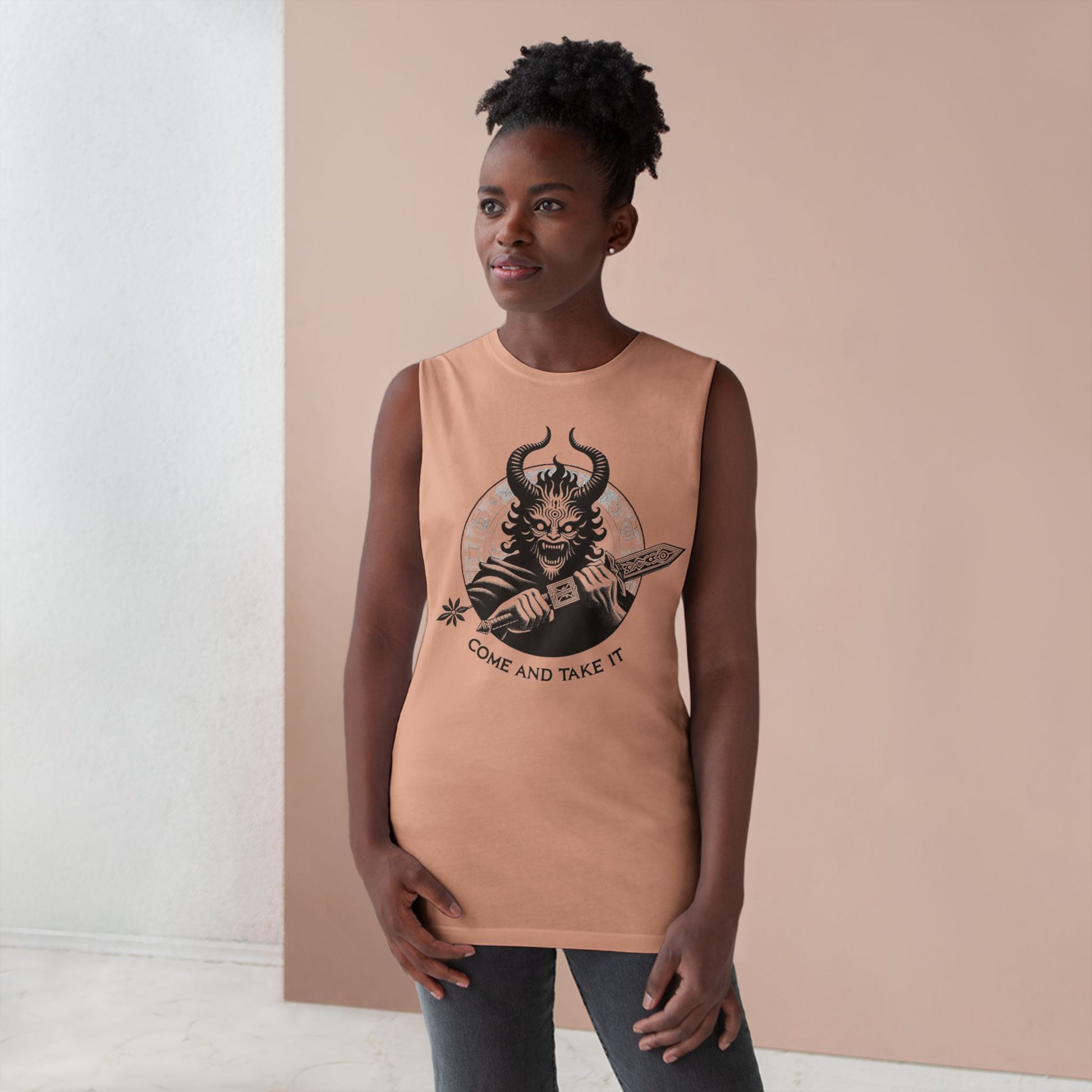 Come and Take It Demon Sleeveless Tee-Gothic Tank Top – Edgy Graphic Sleeveless Tee, Alternative Style