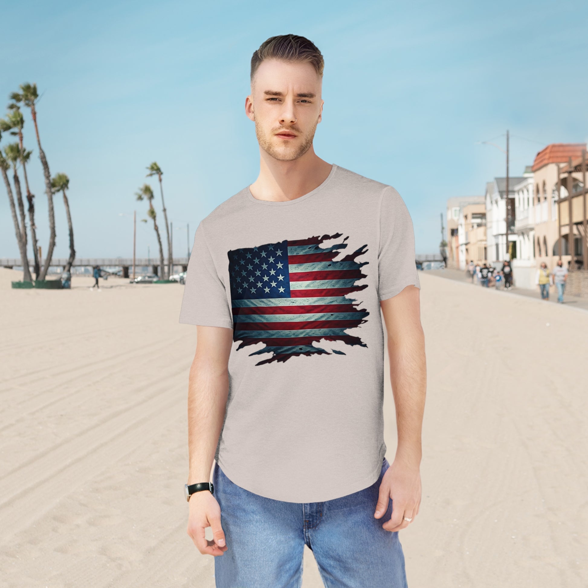 Patriotic Men's Curved Hem Tee, USA Flag Shirt