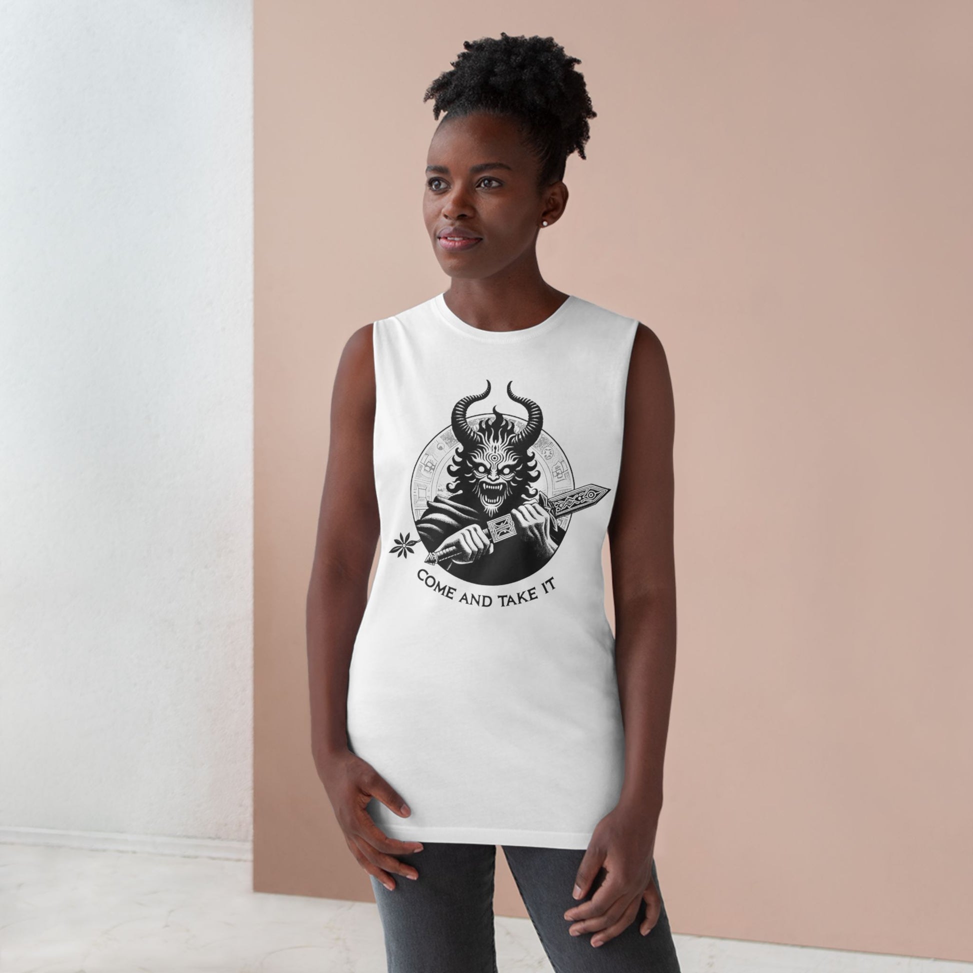 Come and Take It Demon Sleeveless Tee-Gothic Tank Top – Edgy Graphic Sleeveless Tee, Alternative Style