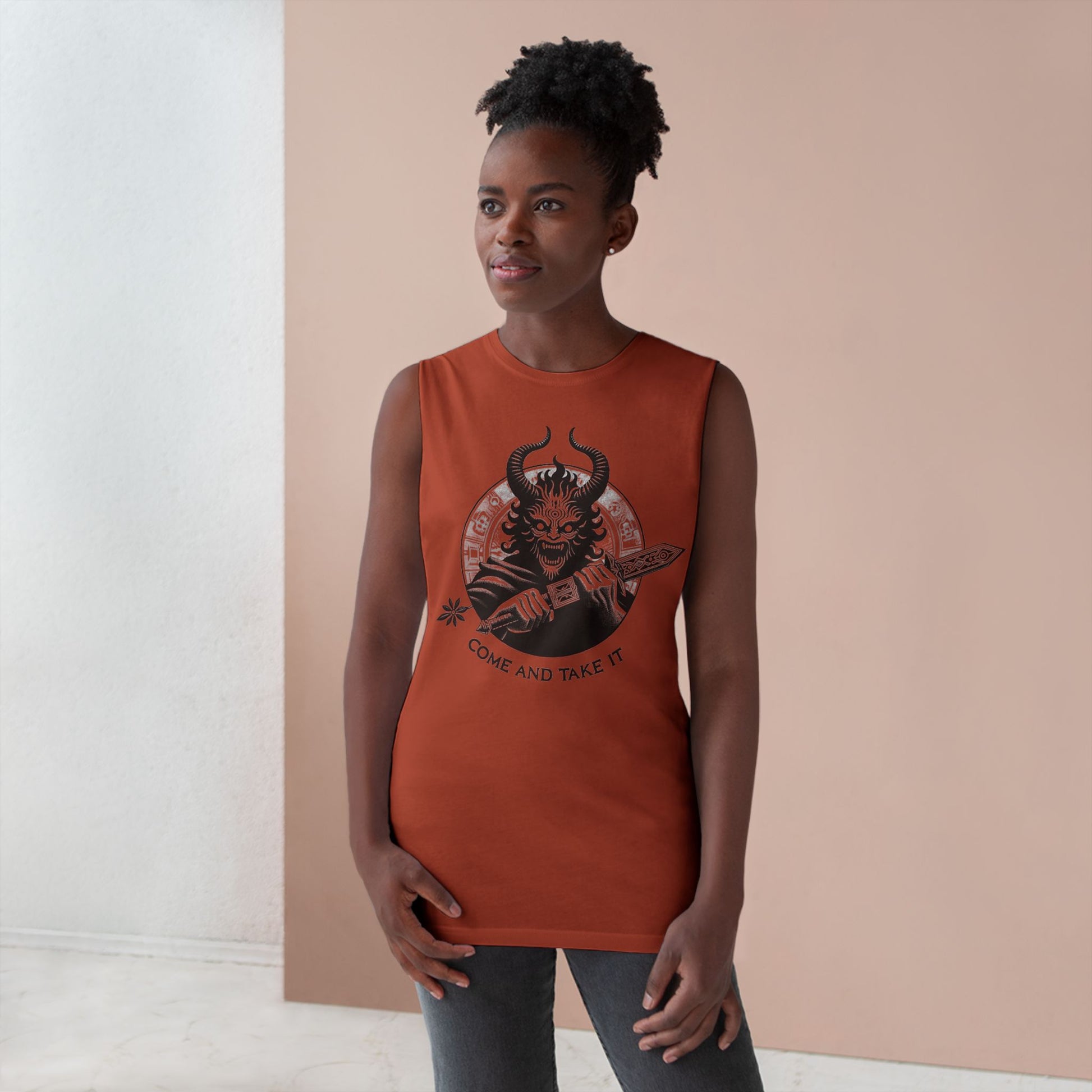 Come and Take It Demon Sleeveless Tee-Gothic Tank Top – Edgy Graphic Sleeveless Tee, Alternative Style