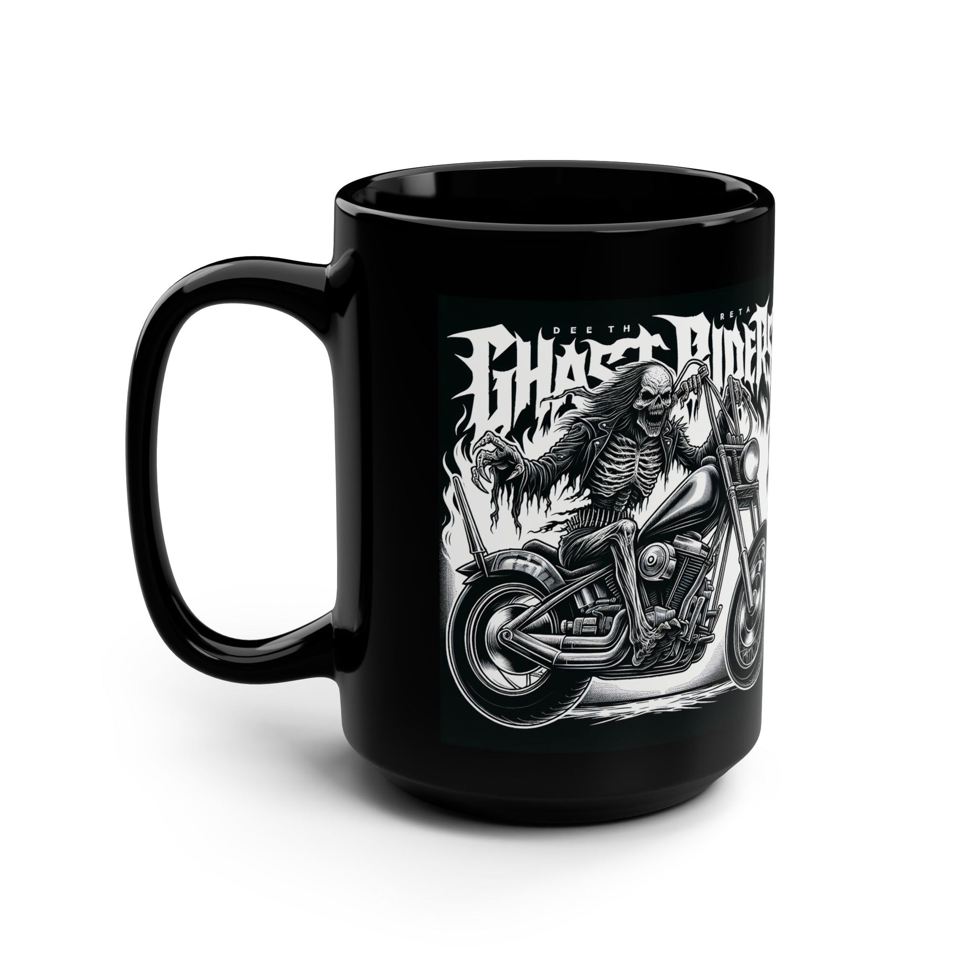 Gothic Ghost Riders Motorcycle Mug - 15oz Black Ceramic Cup for Chopper Enthusiasts, Gift for Bikers, Unique Coffee Mug, Skulls Mug