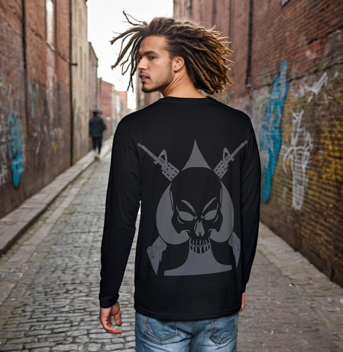 Ace of Spades-Rebel Skull Long Sleeve Shirt - Edgy Graphic Tee for Men